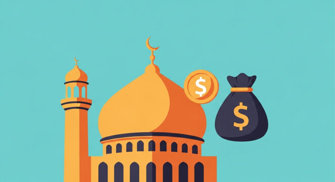 Islamic finance concept with mosque and money bag.