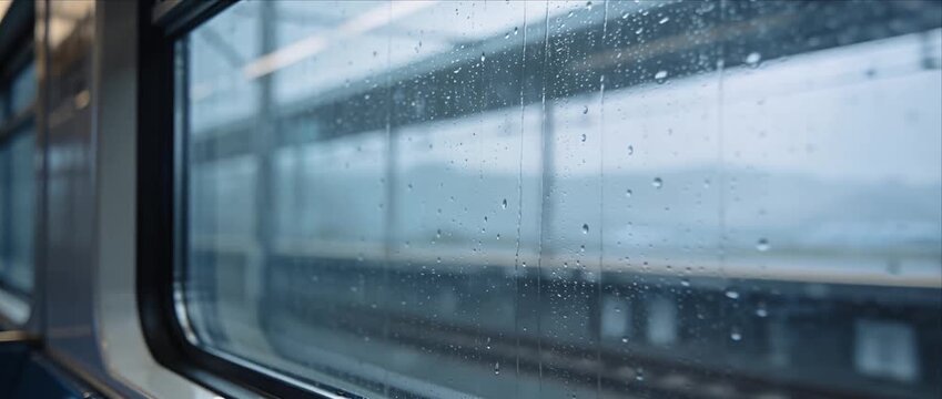 Rainy window train travel with blurred platform motion and overcast weather, melancholy solitude and reflection on wet glass journey, urban rail transportation scene