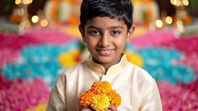 smile boy - Young boy in a cream kurta smiles gently while holding a bright marigold garland with both hands, surrounded by blurred colorful flower petals and warm glowing lights with warmth!!
