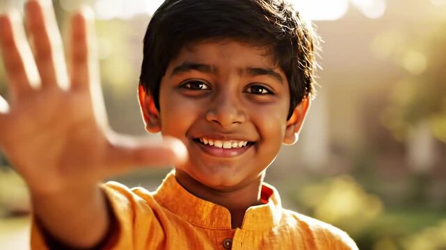 smile boy - Young boy with warm smile and bright eyes wearing an orange kurta stands outdoors in golden sunlight; soft background bokeh highlights joyful expression and relaxed posture. serene