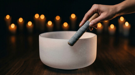 Hands Playing Frosted Quartz Crystal Singing Bowl in Dark Studio