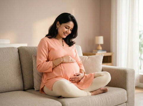 indian pregnant woman in peach maternity kurti sitting cross legged indoors representing motherhood journey prenatal happiness and maternity wellness campaign concept