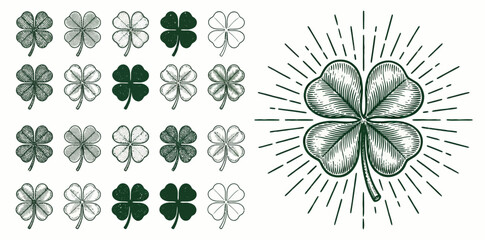 Vintage Four-Leaf Clover and Shamrock Set with Radiant Sunburst Luck Symbol Hand-Drawn Engraving for St. Patrick’s Day Marketing Holiday Greeting Cards and Lucky Charm Branding Vector Collection © Tharusha