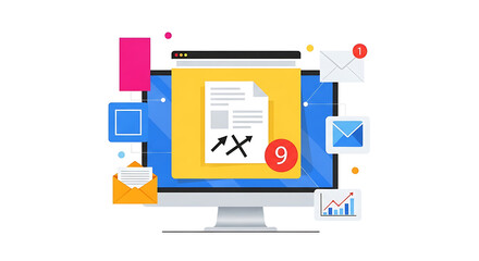Computer screen displaying document editing software with various icons and notifications surrounding it in a digital workspace environment from a straightforward viewpoint