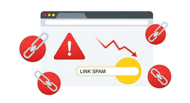 Warning illustration of link spam on a computer screen with red danger signs and chain links surrounding the browser window