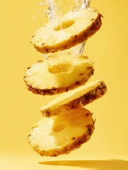 Fototapeta premium Pineapple Slices Falling in Water: Fresh Fruit Concept with Vibrant Yellow Background for Refreshment and Tropical Themes