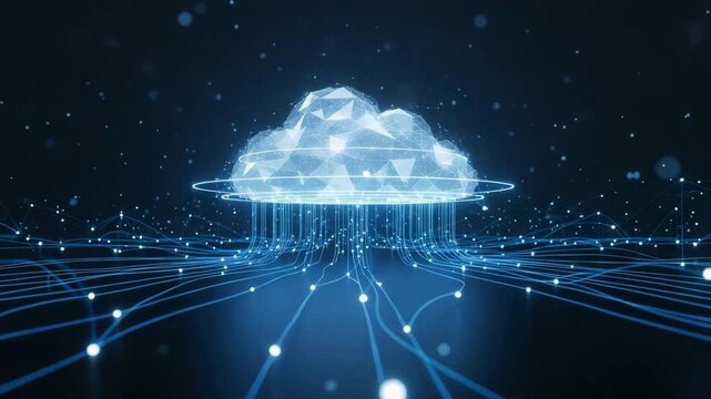 Digital cloud computing network connects data points through luminous lines representing global server infrastructure and web connectivity.