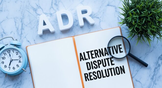 Alternative Dispute Resolution Concept: Notebook with ADR Text, Magnifying Glass, and Clock on Marble Background