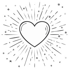 Heart outline with sunburst lines and confetti elements, love symbol