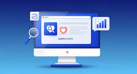 A computer monitor displaying a webpage with data analysis and search functionality on a blue background viewed from the front