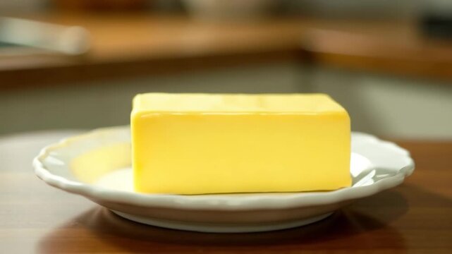 A block of yellow butter on a white plate placed on a wooden table. The butter is smooth and fresh, ready for use in cooking or baking.