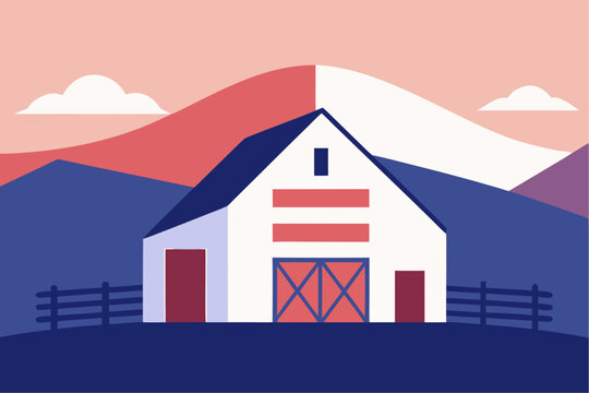 A white barn with red doors and a fence in front of mountains