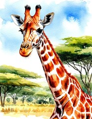 Obraz premium Giraffe against a background of trees. Animal portrait. Watercolor illustration