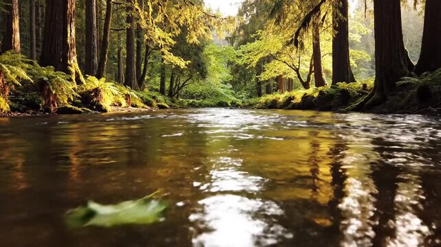 Serene forest river scene with lush greenery and sunlight reflecting on calm waters from a tranquil viewpoint