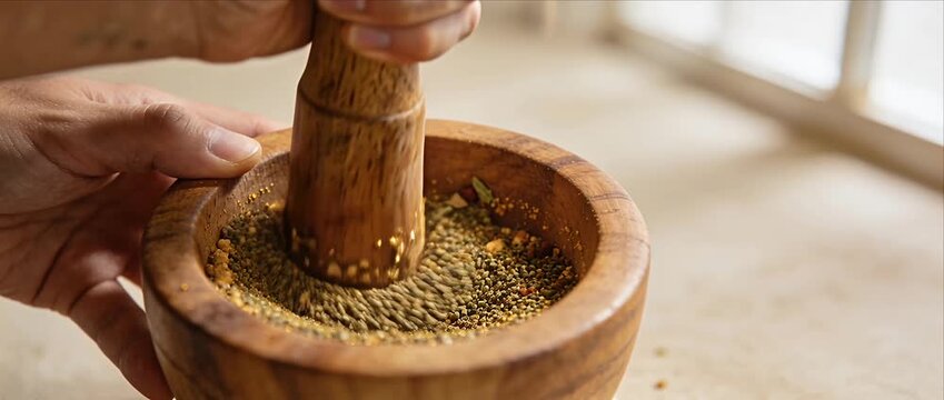 Hand grind spice herb mortar pestle hand cooking kitchen hand mortar pestle spice seed wood grind kitchen cook culinary scene showing rustic food preparation with natural light