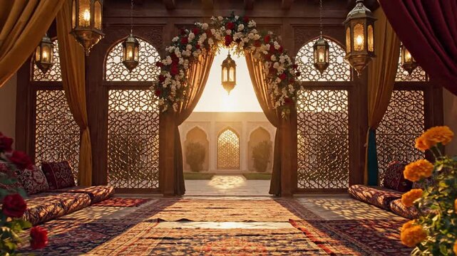 A tranquil sun dappled courtyard entrance framed by lush roses and ornate arches