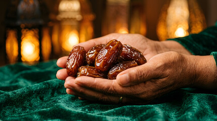 Hands Holding Dried Dates for Ramadan Iftar Celebration with Traditional Lantern Background
