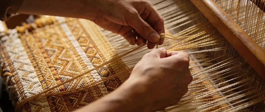 Hand loom weaving artisan craft textile thread pattern fabric traditional handmade fine thread textile pattern fabric traditional detail and soft light convey warm workshop atmosphere detailed close