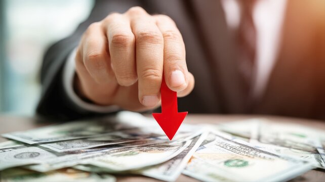 Economic Downturn Concept: Hand with Red Arrow Pointing Down on Pile of Hundred Dollar Bills