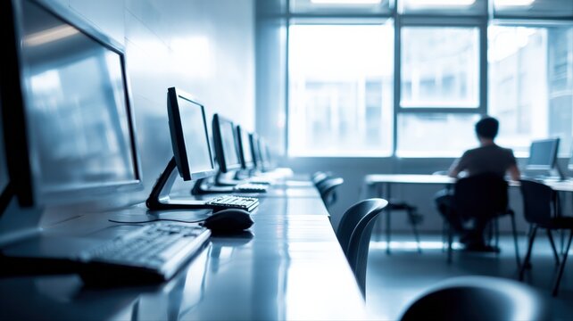 Modern Computer Lab with Rows of Monitors, Keyboard, and Person Working Near Window in Background