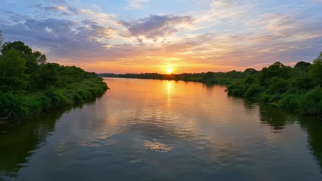 Beautiful landscape capturing a serene river at sunset with golden reflections