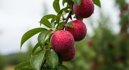 Fototapeta premium Ripe Red Plums on Branch with Water Droplets, Close-up View, Vibrant Colors and Natural Beauty