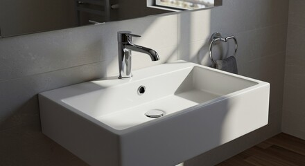 Modern white bathroom sink with sleek silver faucet and mirror reflection on wall