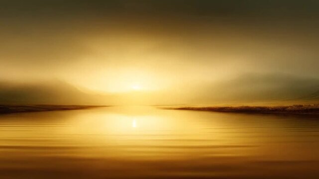 Golden sun setting over calm water with hazy distant landforms