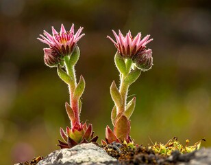 Two pink succulent flowers on a rock
