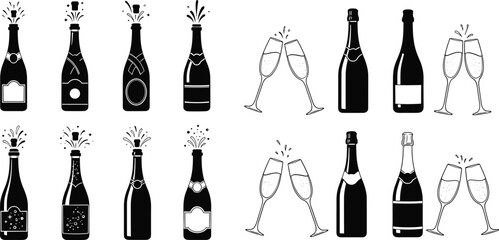 Fototapeta premium Champagne silhouettes, bottle glass icons, clinking sparkling drink figures, celebration party artwork, festive design elements - flat vector illustration