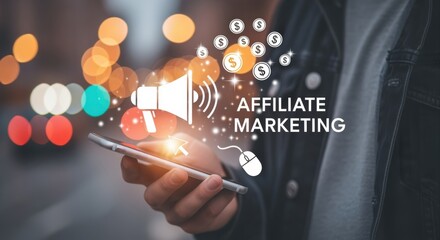 Digital affiliate marketing promotion using mobile technology, showcasing online business strategy and money, earnings concept