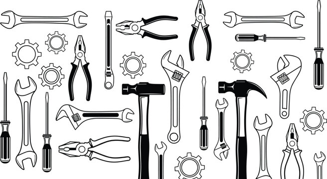 Hand tool silhouettes, wrench screwdriver hammer plier icons, gear mechanical figures, construction repair DIY artwork, engineering design elements - flat vector illustration