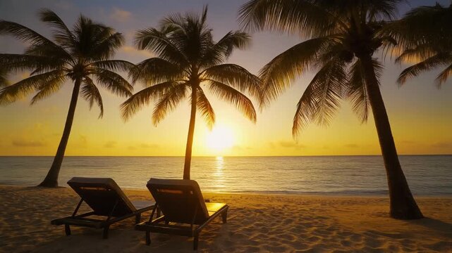 Beach scene with palm trees sunset.
