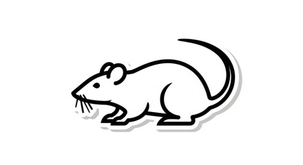 Fototapeta premium A black line drawing of a mouse with whiskers and a long tail on a white background with subtle shadow