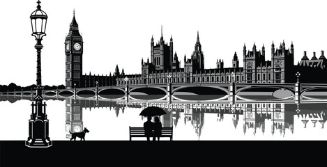 Fototapeta premium Palace of Westminster silhouettes, Big Ben London icons, landmark architecture figures, romantic city artwork, travel tourism design elements - flat vector illustration