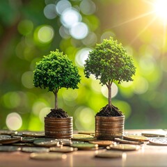 Two trees on coins with sunlight and green background