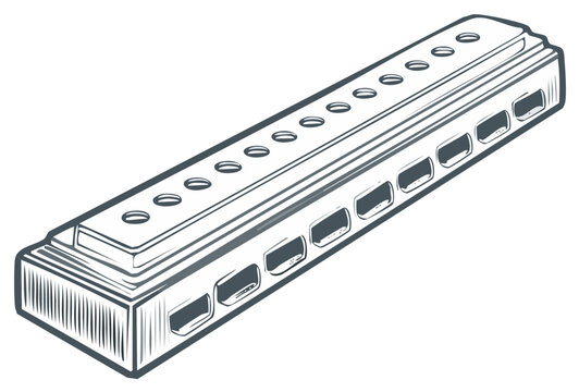 Detailed illustration of a harmonica in grayscale against a white background