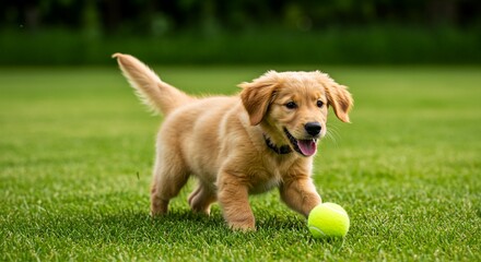 Golden retriever puppy playing with tennis ball on green grass outdoors in daytime with happy expression