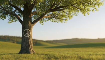 Fototapeta premium A serene tree with a prominent peace sign on its trunk in a vibrant green landscape, symbolizing global harmony and the International Day of Peace concept