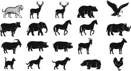 Animal silhouettes, tiger deer bear eagle icons, cow elephant horse rhino figures, cat dog pig chicken artwork - flat vector illustration © MD Tariful islam
