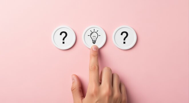 Creative Solution Concept: Hand Points to Lightbulb Icon Between Question Marks on Pink Background