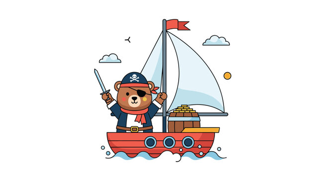 Cute teddy bear dressed as a pirate with an eye patch and hat sailing a small red boat with a white sail on blue waves under a bright sun.