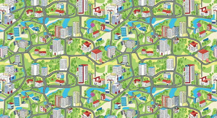 Fototapeta premium Detailed seamless pattern showing a colorful city map with winding roads various buildings green parks and blue rivers for urban planning.