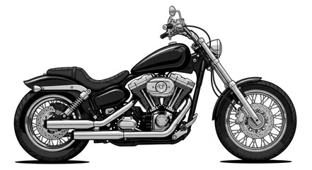 Classic Black Cruiser Motorcycle Side View Studio Shot. © Efan