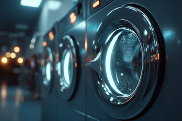 A row of modern washing machines in a dimly lit laundry room with warm lighting