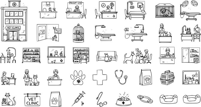 Hand Drawn Vet Clinic Icons Set. Doodle Vector Illustration of Veterinary Hospital, Animal Care, Pet Health Services, Equipment, Doctors, and Supplies.