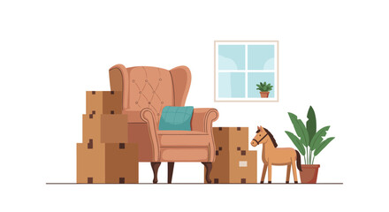 Naklejka premium Stack of cardboard moving boxes next to a cozy pink armchair and a wooden horse toy in a bright room with a window.