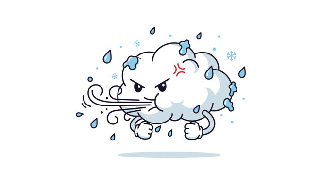 Angry cartoon cloud character blowing strong wind and rain drops during a stormy winter weather event on white background.