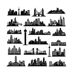 Naklejka premium Collection of various city skylines and famous landmarks silhouettes.