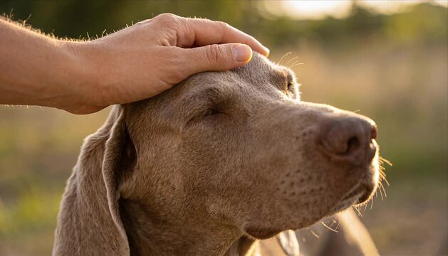 Calm gentle dog pet animal with human hand touch on head showing care love trust and affection warm outdoor autumn light peaceful friendship bond and comfort scene